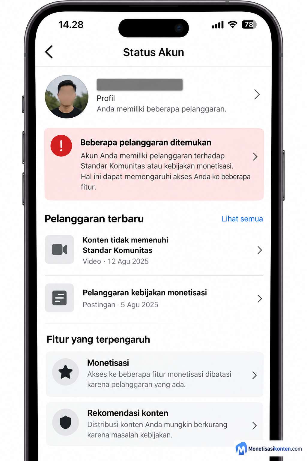 Periksa Apakah Ada Pelanggaran atau Masalah Akun